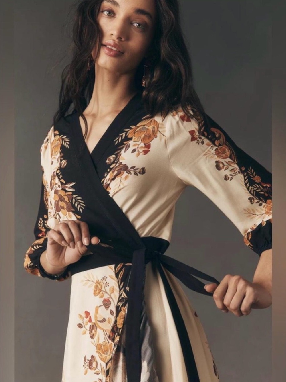 Farm Rio Floral Wrap Robe Dress in Cream and Black